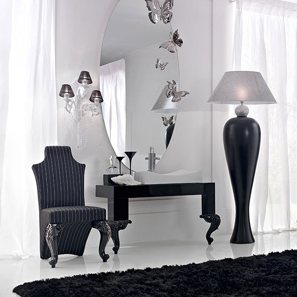 1080<br>
etagere, 2 drawers   
64 x 40 x 171 cm<br>
 
4006<br>
oval mirror with butterflies   
210 x 100 cm<br>
 
1566<br>
bathroom cabinet with wooden top   
130 x 72 x 70 cm<br>
 
BS15/CR<br>
wall sconce, 3 lights with crystals   
L. 35 H. 50 cm<br>

1567<br>
ceramic washbasin   
70 x 55 x 14,5 cm<br>
 
1062<br>
chair   
53 x 72 x 110 cm