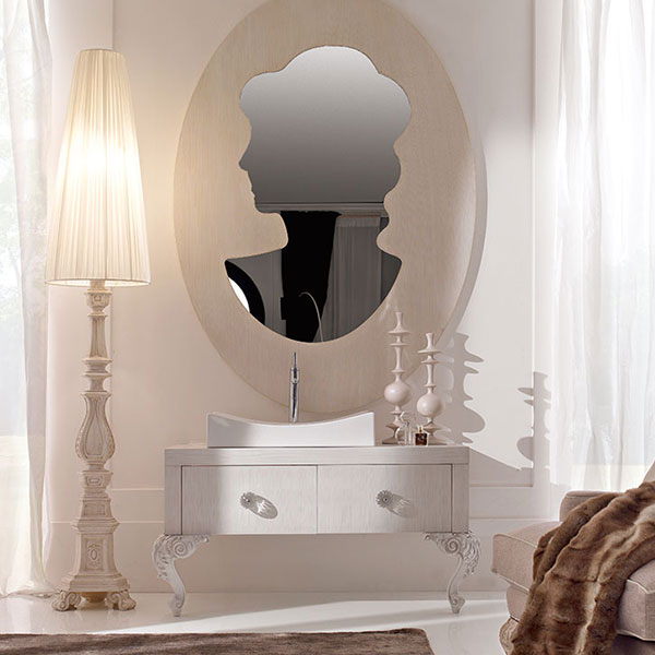 2021<br>
2-door bathroom cabinet   
136 x 72 x 70 cm<br>
 
1567<br>
ceramic washbasin   
70 x 55 x 14,5 cm<br>
 
4002 CameO<br>
large mirror   
140 x 200 cm<br>
 
1081<br>
1-door wooden cabinet   
64 x 48 x 171 cm<br>
 
5033<br>
wooden floor lamp   
Ø 45 H. 243 cm