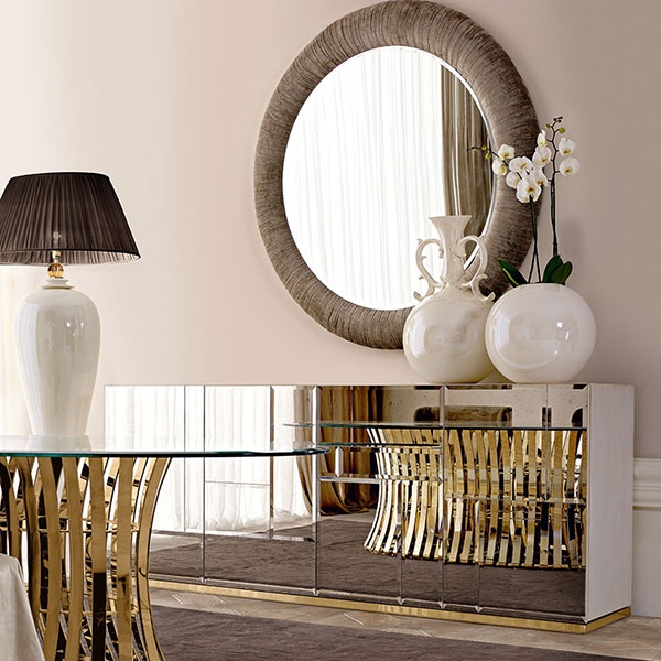 G1620<br>
4-door sideboard with steel base, gold finish, mosaic mirrors   
240 x 53 x 96 cm<br>

4020<br>
round mirror with fabric pleated frame  
Ø 170 cm