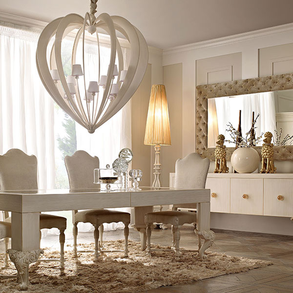 1024<br>
3-door display cabinet   
240 x 61 x 230 cm<br>
 
2140<br>
Heart chandelier, 12 lights   
Ø 120 x 126 cm<br>
 
1040<br>
mirror top table with two 50 cm. side extensions    
240 x 120 x 78 cm<br>
 
1220<br>
wooden door sideboard   
249 x 70 x 94 cm<br>
 
5033<br>
wooden floor lamp   
Ø 45 H. 243 cm<br>
 
4030<br>
mirror with buttoned frame   
235 x 10 x 140 cm<br>

0359<br>
chair   
50 x 60 x 121 cm<br>

2139<br>
Heart chandelier, 6 lights  
Ø 69 x 76 cm