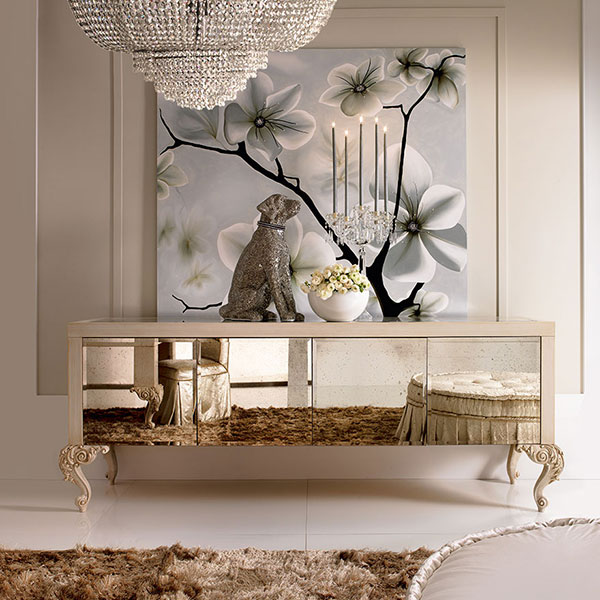 1210<br>
mirrored door sideboard  
249 x 70 x 94 cm<br>

VSS11 Fiori di pesco<br>
painting with Swarovski   
180 x 180 cm<br>