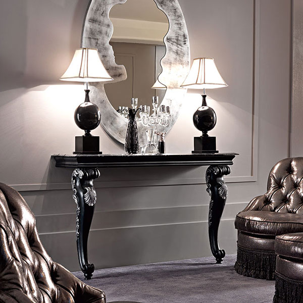 2000M2<br>
console table with black Marquina marble top   
165 x 42 x 99 cm<br>
 
4003 CAMEO<br>
mirror  
112 x 4 x 160 cm