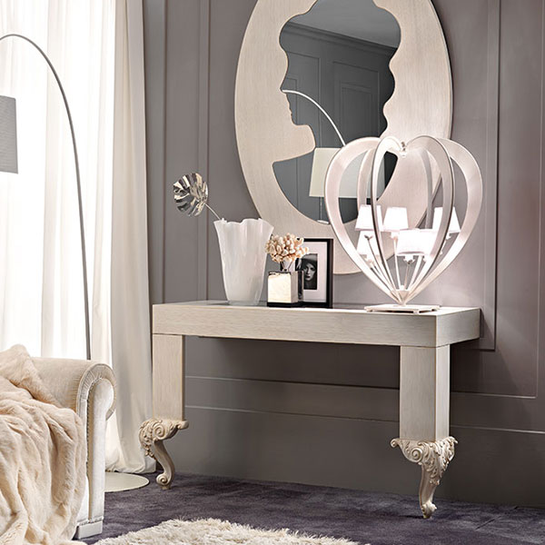 1565S<br>
mirror top console table   
150 x 60 x 88 cm<br>

4003 CAMEO<br>
mirror  
112 x 4 x 160 cm<br>

2136<br>
Heart lamp, 6 lights   
Ø 69 x 76 cm