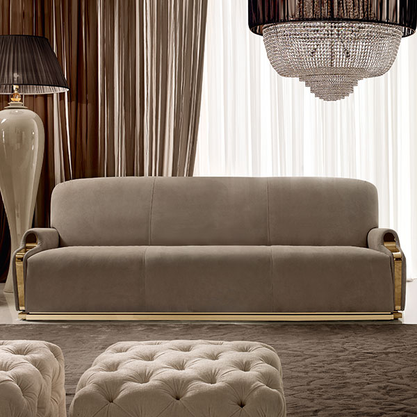 G8803 Lucrezia<br>
sofa with steel base, gold finish   
250 x 105 x 90 cm<br>
 
G8801 Lucrezia<br>
armchair with steel base, gold finish   
145 x 105 x 90 cm<br>
 
G0528M1<br>
steel table, gold finish, Carrara White marble top, 4 drawers covered in leather   
143 x 143 x 45 cm<br>
 
GMR06<br>
steel mirror, gold finish  
124 x 240 cm<br>
 
G1027<br>
buttoned pouffe with steel base, 
gold finish  
60 x 60 x 40 cm<br>

GmR07<br>
mirror polished gold finish steel table, polished bevelled edge cappuccino marble top   
Ø 60 x 53 cm<br>
 
GmR08<br>
mirror polished gold finish steel table, polished bevelled edge cappuccino marble top  
Ø 52 x 63 cm<br>

BS21 Cleo<br>
ceramic floor lamp with amber crystal ball and lampshade  
Ø 80 h. 200 cm<br>

cl4 <br>
18-light Empire style chandelier with lampshade 
Ø 100 x 143 cm