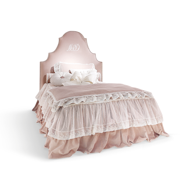 <strong>DORIS</strong> bed with MD embroidery in fairy tale style<br>
<strong>FR01</strong> crown canopy<br>
<strong>5050TB</strong> set of canopy drapes<br>
<strong>1570</strong> dresser with 2 drawers<br>
<strong>4033I</strong> small studded mirror<br>
<strong>1571</strong> nightstand with 2 drawers<br>
<strong>2033</strong> 1 light lamp chrome <br>
<strong>2043</strong> 2 light lamp chrome<br>
<strong>5600</strong> low boiserie panel, matt lacquer finish<br>
<strong>7025</strong> standing giant teddy bear with dress<br>
<strong>CM01</strong> wallpaper