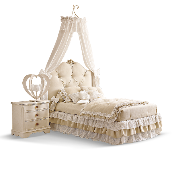 <strong>VICKY</strong> bed <br>
<strong>0335</strong> dresser<br>
<strong>0337</strong> nightstand<br>
<strong>0231B</strong> wall-hung canopy<br>
<strong>0231TB</strong> set of canopy drapes<br>
<strong>4010</strong> ruffled round mirror <br>
<strong>4029</strong> rectangular ruffled mirror<br>
<strong>2133</strong> heart lamp, 3 lights<br>
<strong>2139</strong> heart chandelier, 6 lights<br>
<strong>2143</strong> heart floor lamp, 3 lights <br>
<strong>IL06</strong> heart small rug, lilac<br>
<strong>6801</strong> Clotilde armchair